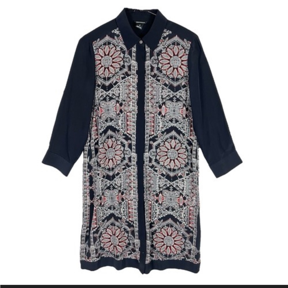 Club Monaco Dress -  geometric sunflower silk button front shirt dress black